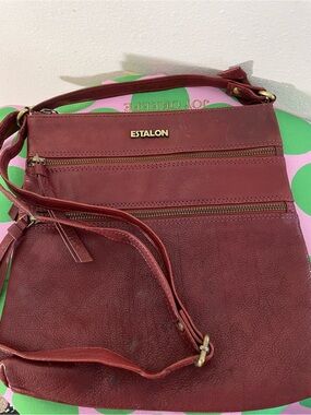 Estalon Leather Crossbody Bag with Multi Zip Pockets, Burgundy